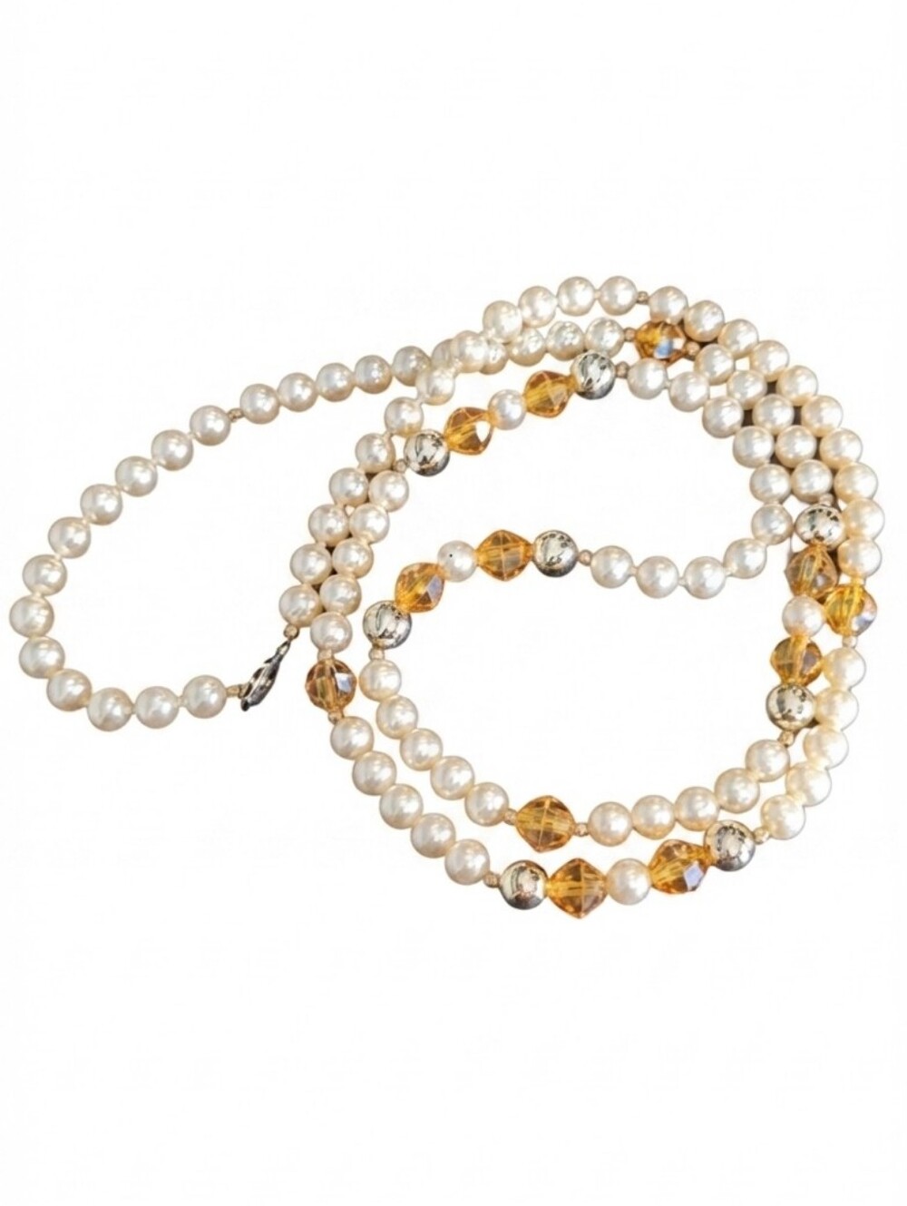 Faux Pearl Necklace Amber Faceted Mirrored Long Beaded Single Strand
